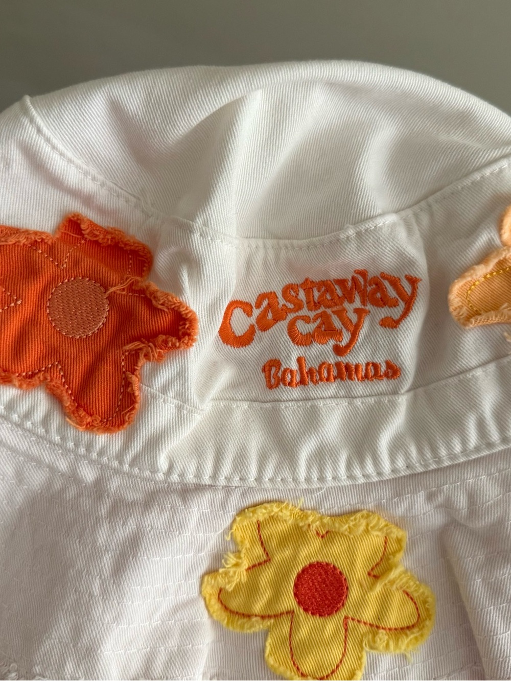 Castaway Cay Bahamas White Bucket Hat with Orange & Yellow Flower Appliqués